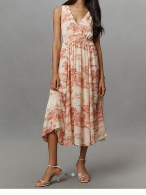 Reformation Cream and Coral High-Low Midi Dress with V-Neck